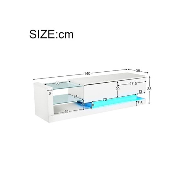 Meuble TV blanc brillant 140 x 38 x 38 cm - Convient pour TV de 60" - Avec éclairage LED et grand espace de rangement - Avec 