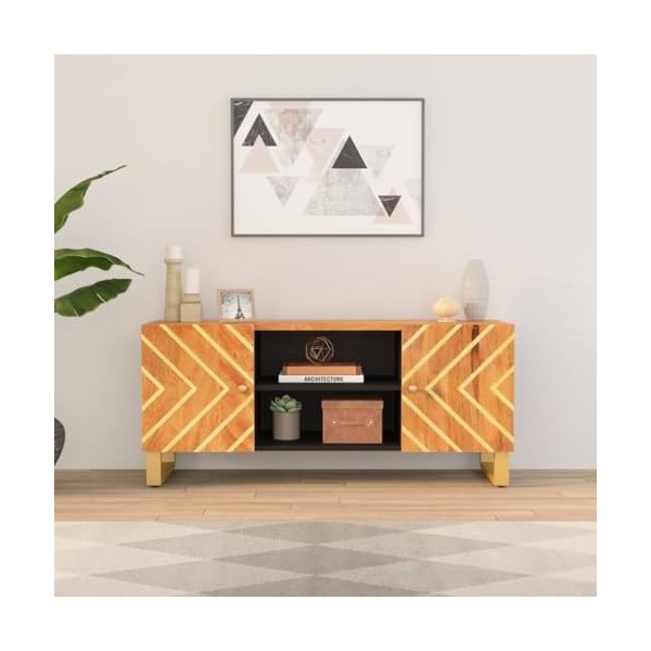 JUNZAI Meuble TV Marron et Noir 105x33,5x46 cm Bois Massif manguier,Meuble TV,Ensemble Meuble TV,Table TV