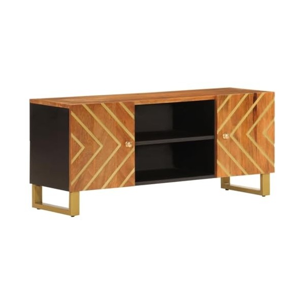 JUNZAI Meuble TV Marron et Noir 105x33,5x46 cm Bois Massif manguier,Meuble TV,Ensemble Meuble TV,Table TV
