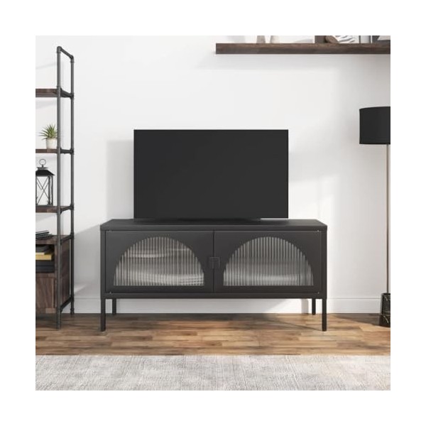 FAMIROSA Meuble TV Noir 105x35x50 cm Verre et Acier 21.68KG 