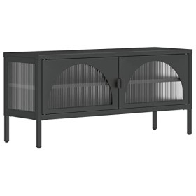 FAMIROSA Meuble TV Noir 105x35x50 cm Verre et Acier 21.68KG 