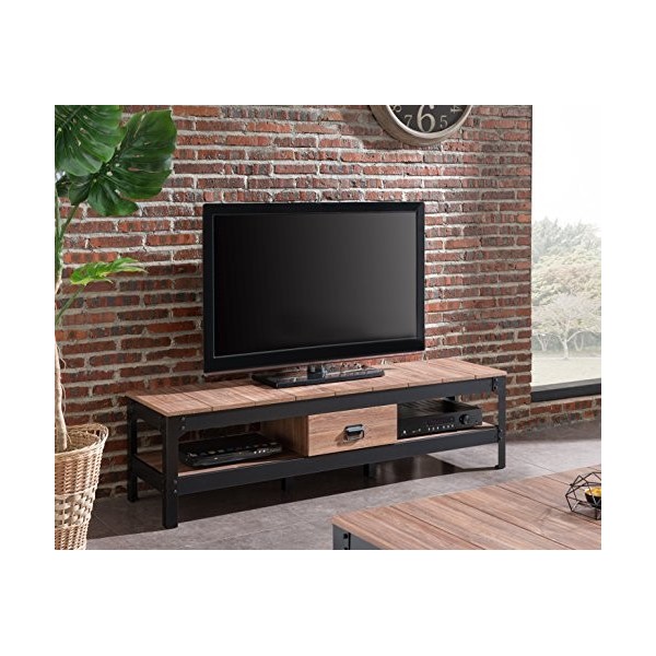 Industrie Meuble TV Design Industriel Noir Métal et Bois 150,9 x 38,5 x 40 cm