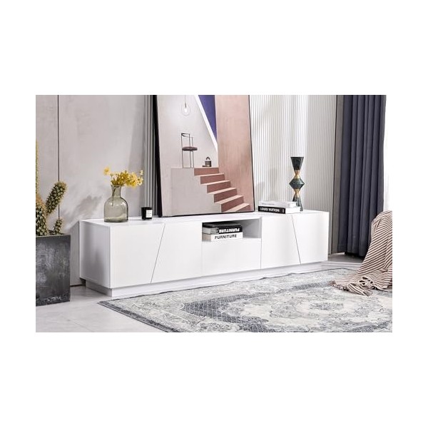 Azkoeesy Meuble TV bas blanc 170 cm - 4 portes et 1 tiroir blanc sans LED 