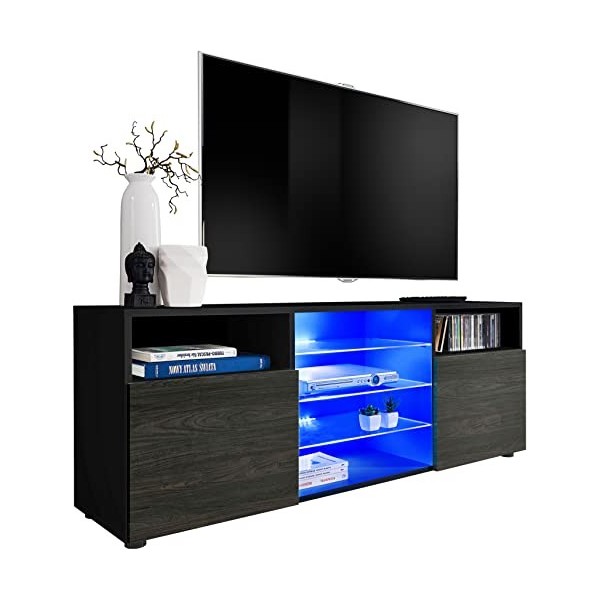 ExtremeFurniture T38 Meuble TV, Carcasse en Noir Mat/Façade en Carbone Mat + LED Bleues