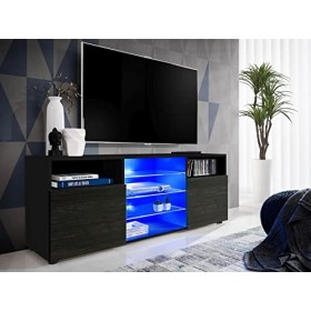 ExtremeFurniture T38 Meuble TV, Carcasse en Noir Mat/Façade en Carbone Mat + LED Bleues