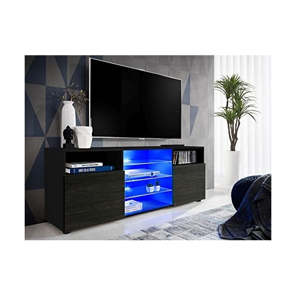 ExtremeFurniture T38 Meuble TV, Carcasse en Noir Mat/Façade en Carbone Mat + LED Bleues