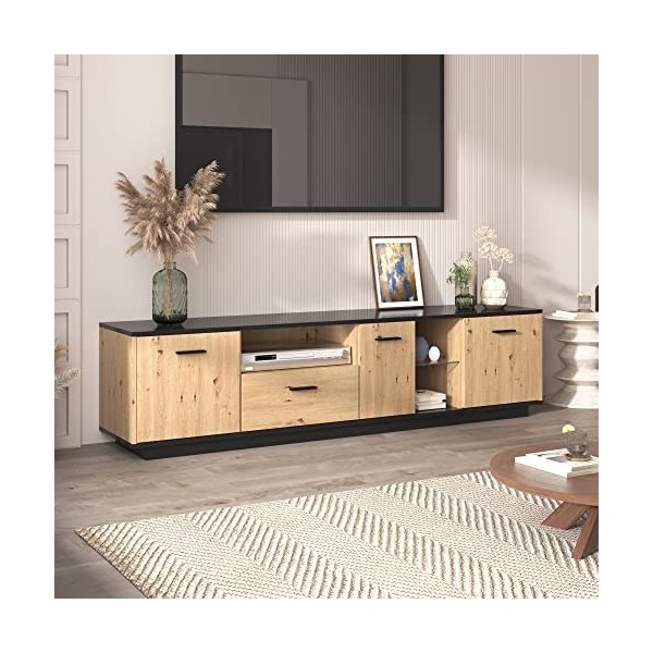 Azkoeesy Meuble TV 180 cm naturel avec éclairage LED 15 couleurs, 3 portes et tiroir, base en bois noir et plateau de table, 