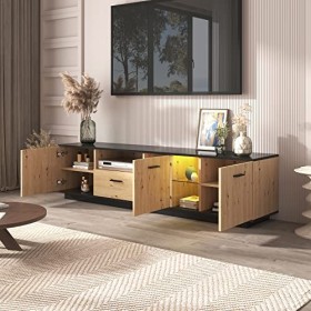 Azkoeesy Meuble TV 180 cm naturel avec éclairage LED 15 couleurs, 3 portes et tiroir, base en bois noir et plateau de table, 