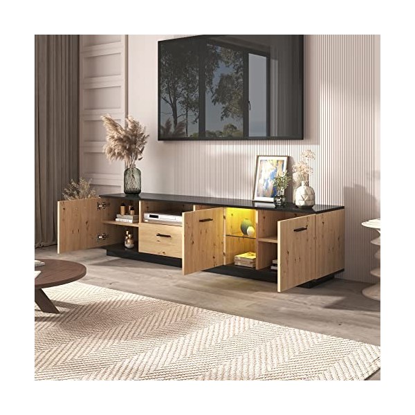 Azkoeesy Meuble TV 180 cm naturel avec éclairage LED 15 couleurs, 3 portes et tiroir, base en bois noir et plateau de table, 