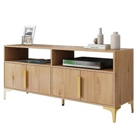 Meuble TV moderne avec 4 portes et 2 compartiments ouverts pour TV jusquà 65", meuble TV bas, avec pieds en métal doré, 147 
