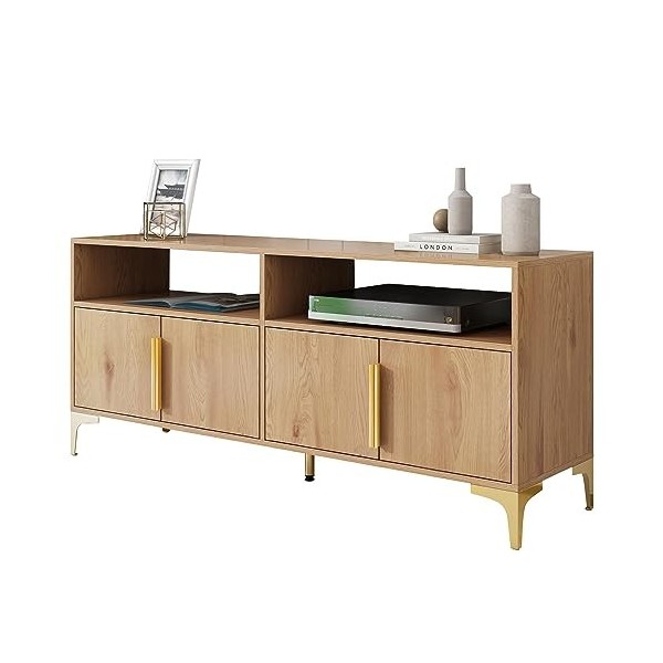 Meuble TV moderne avec 4 portes et 2 compartiments ouverts pour TV jusquà 65", meuble TV bas, avec pieds en métal doré, 147 
