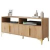 Meuble TV moderne avec 4 portes et 2 compartiments ouverts pour TV jusquà 65", meuble TV bas, avec pieds en métal doré, 147 