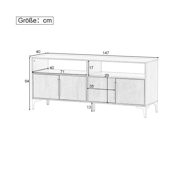 Meuble TV moderne avec 4 portes et 2 compartiments ouverts pour TV jusquà 65", meuble TV bas, avec pieds en métal doré, 147 