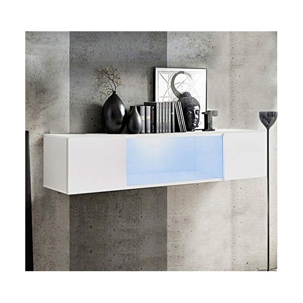 MB Muebles Bonitos | Meuble TV Suspendu 1 Porte | Meuble TV de Salon avec LED | 160 x 30 x 29cm | Blanc Finition Brillante | 