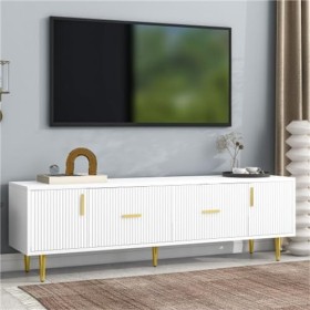 Grand Meuble TV Meuble TV pour Téléviseurs Jusquà 70" Lowboard Poignées Dorées Meuble TV avec 2 Portes 2 Tiroirs Buffet Char