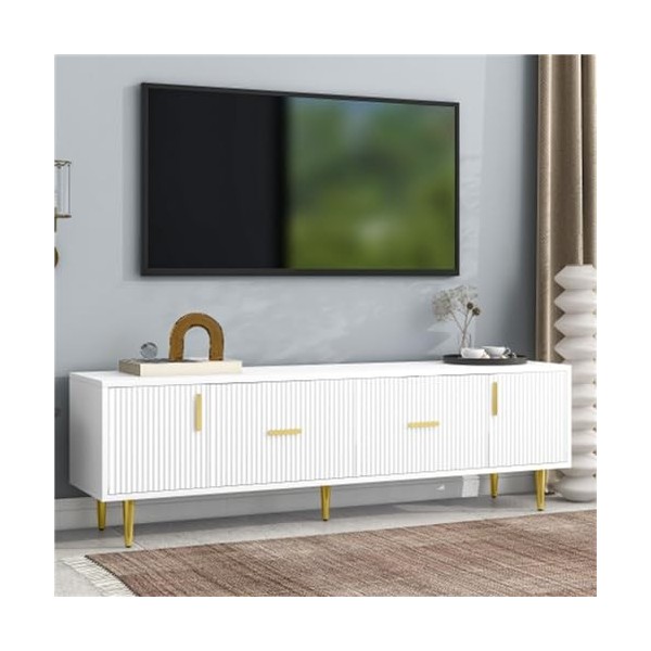 Grand Meuble TV Meuble TV pour Téléviseurs Jusquà 70" Lowboard Poignées Dorées Meuble TV avec 2 Portes 2 Tiroirs Buffet Char