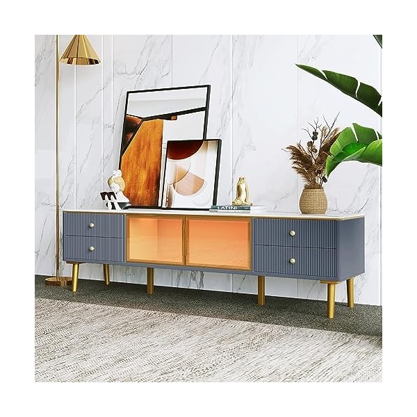 Azkoeesy Meuble TV bas 170 cm avec éclairage LED 7 couleurs, avec pied doré et poignée, avec 2 portes en verre, 4 tiroirs, 17