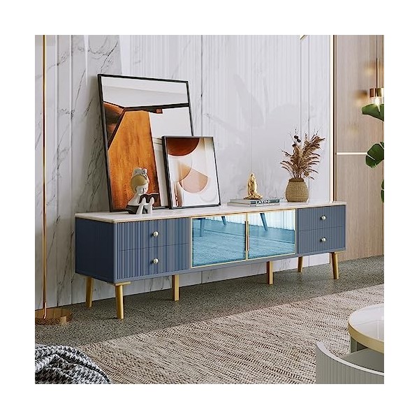 Azkoeesy Meuble TV bas 170 cm avec éclairage LED 7 couleurs, avec pied doré et poignée, avec 2 portes en verre, 4 tiroirs, 17