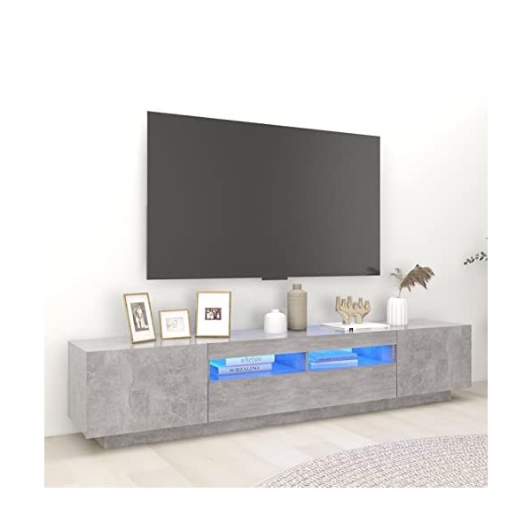 LAPOOH Meuble TV avec lumières LED Gris béton 200x35x40 cm,Table Television Salon,Meuble TV Haut,Meuble Télé Haut
