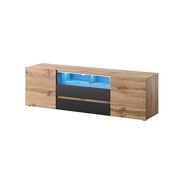 Selsey Bros - Meuble TV/Banc TV 140 cm, chêne wotan/Noir Brillant, avec LED 