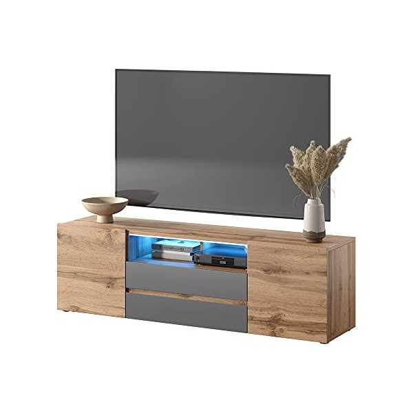 Selsey Bros - Meuble TV/Banc TV 140 cm, chêne wotan/Noir Brillant, avec LED