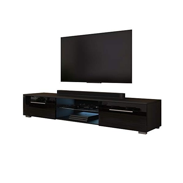 Selsey Syvis - Meuble TV Suspendu/Table Basse TV/Banc TV de Salon 140 cm, avec l’éclairage LED Bleue Noir Mat/Noir Brillan