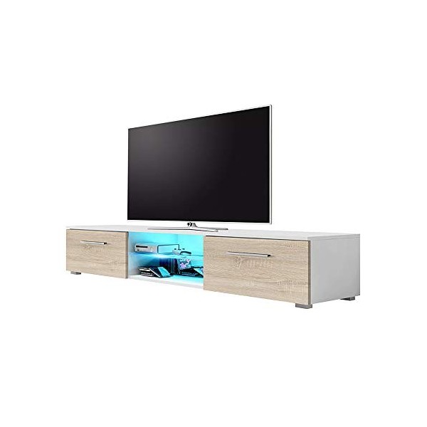 Selsey Syvis - Meuble TV Suspendu/Table Basse TV/Banc TV de Salon 140 cm, avec l’éclairage LED Bleue Noir Mat/Noir Brillan