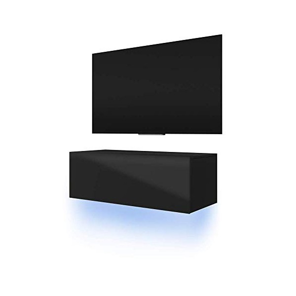 Skylara - Meuble TV Suspendu/Table Basse TV/Banc TV de Salon 140 cm, Noir Mat/Noir Brillant avec LED Bleue 