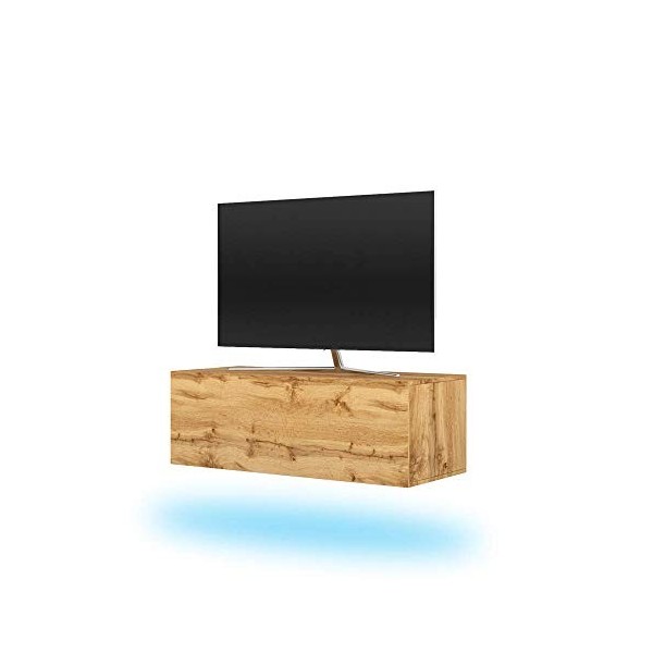 Skylara - Meuble TV Suspendu/Table Basse TV/Banc TV de Salon 140 cm, Noir Mat/Noir Brillant avec LED Bleue