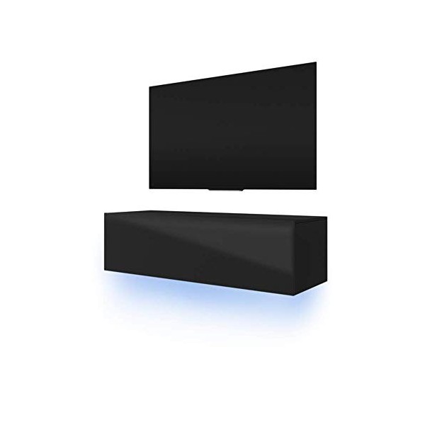 Skylara - Meuble TV Suspendu/Table Basse TV/Banc TV de Salon 140 cm, Noir Mat/Noir Brillant avec LED Bleue