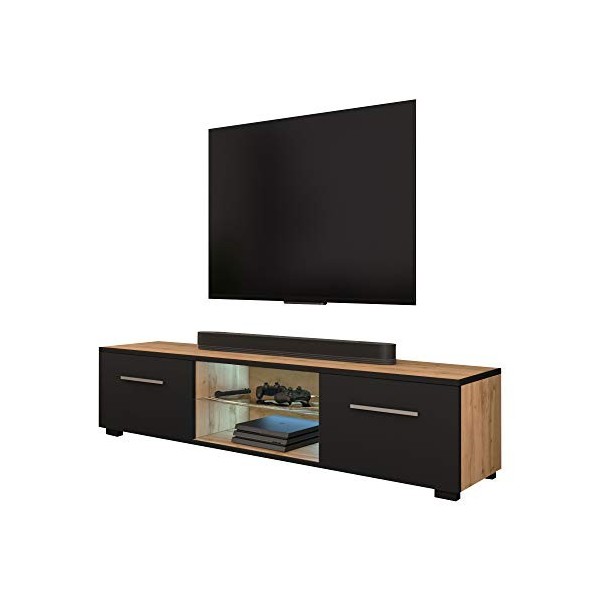 Selsey Edith - Meuble TV/Banc TV 140 cm, chêne wotan/Noir Mat, éclairage LED 