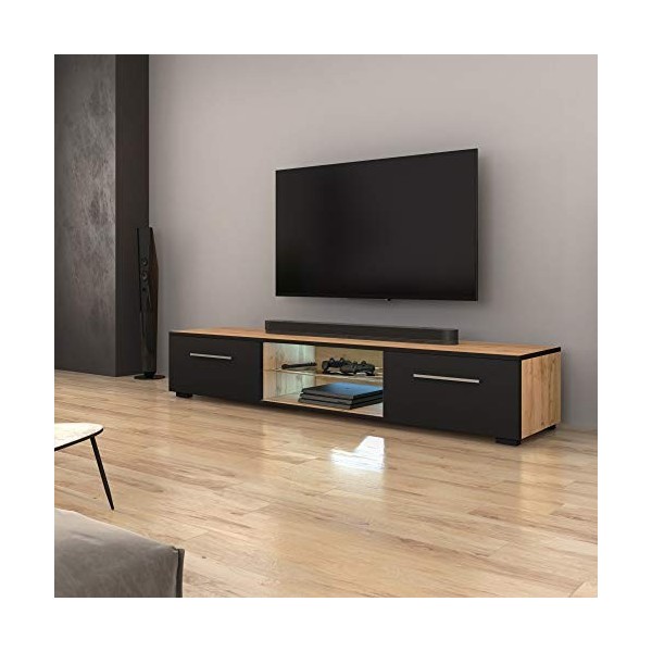 Selsey Edith - Meuble TV/Banc TV 140 cm, chêne wotan/Noir Mat, éclairage LED 