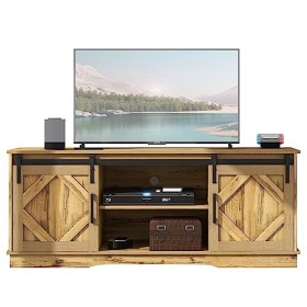 Meuble TV Bas Vintage, Meuble TV Bois 150 cm avec Portes coulissantes et 2 Compartiments Ouverts, étagères modulables, Meuble