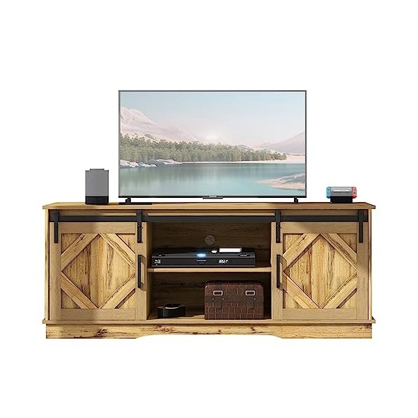 Meuble TV Bas Vintage, Meuble TV Bois 150 cm avec Portes coulissantes et 2 Compartiments Ouverts, étagères modulables, Meuble