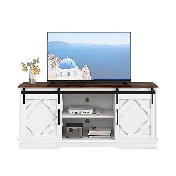 Meuble TV Bas Vintage, Meuble TV Bois 150 cm avec Portes coulissantes et 2 Compartiments Ouverts, étagères modulables, Meuble