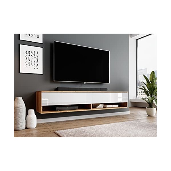 Furnix - Alyx - Meuble TV bas - 180 x 34 x 32 cm l x H x P - Avec éclairage LED - 2 compartiments avec porte « Push-Click »