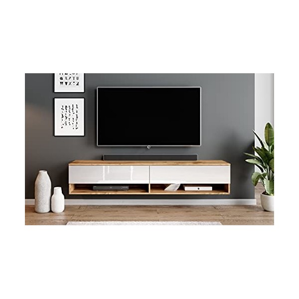 Furnix - Alyx - Meuble TV bas - 180 x 34 x 32 cm l x H x P - Avec éclairage LED - 2 compartiments avec porte « Push-Click »