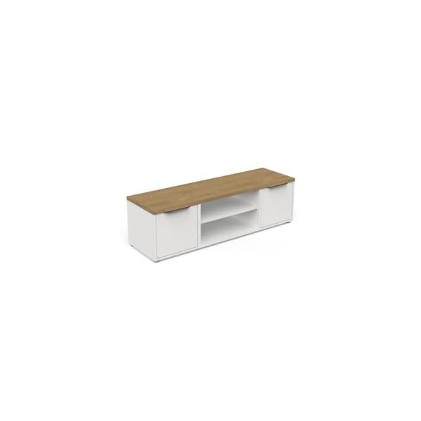 DEMEYERE Banc TV Access - 2 Portes + 1 Niche - Décor Chene Hamilton et Blanc - L 134,8 x P 39,6 x H 39,1 cm