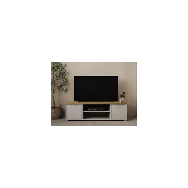 DEMEYERE Banc TV Access - 2 Portes + 1 Niche - Décor Chene Hamilton et Blanc - L 134,8 x P 39,6 x H 39,1 cm