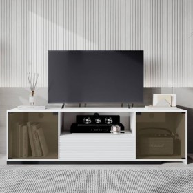 Sweiko Meuble TV, buffet avec éclairage LED, armoire de salon avec 2 portes en verre marron, commode avec 1 tiroir et 1 compa