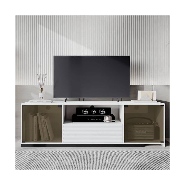 Sweiko Meuble TV, buffet avec éclairage LED, armoire de salon avec 2 portes en verre marron, commode avec 1 tiroir et 1 compa
