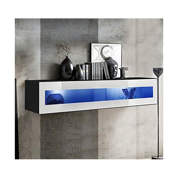 MB Muebles Bonitos | Meuble TV Suspendu 1 Porte | Meuble TV de Salon avec LED | 160 x 30 x 29cm | Noir et Blanc Finition Bril