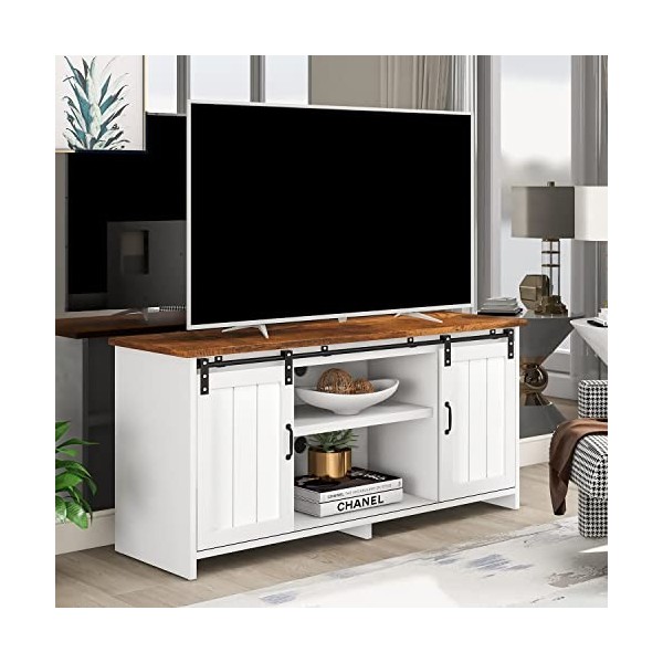 GGMWDSN Meuble TV, Meuble TV Blanc avec 2 Portes et 2 Compartiments Ouverts, éTagèRes RéGlables, Trous Pur CâBles, Table TV D