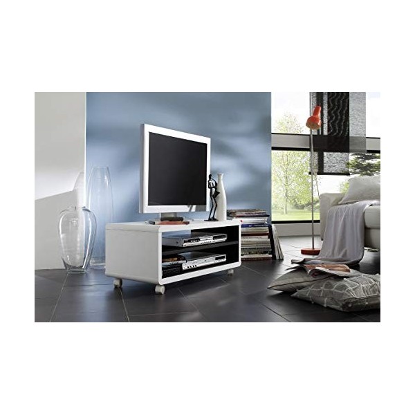 PEGANE Meuble TV décor Blanc et Noir avec roulettes - L79 x H35 x P39 cm