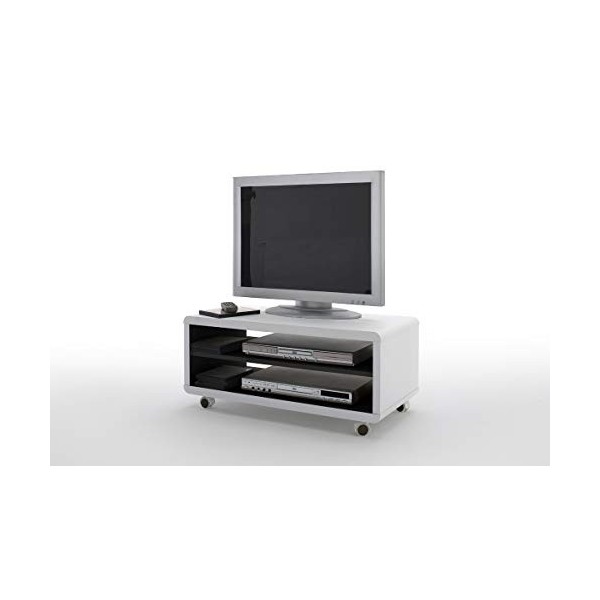 PEGANE Meuble TV décor Blanc et Noir avec roulettes - L79 x H35 x P39 cm