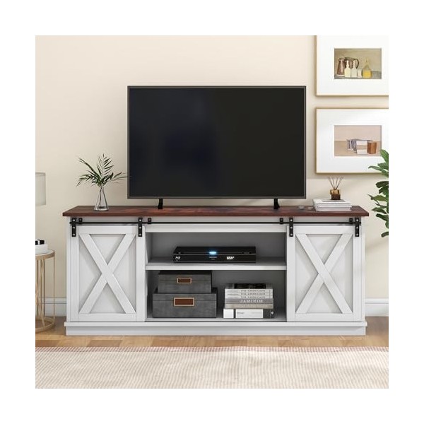 Merax Meuble TV avec portes coulissantes, fond renforcé et espace de rangement personnalisable – Avec éclairage LED 16 couleu