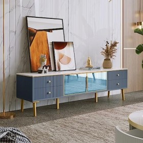 Meuble TV, 4 tiroirs texturés avec poignées dorées, 2 portes en verre trempé marron, convient pour le salon et la chambre à c