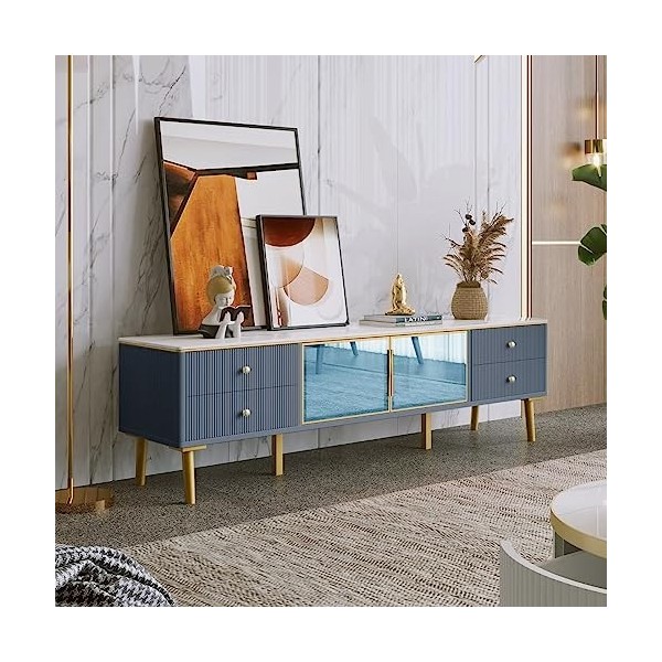 Meuble TV, 4 tiroirs texturés avec poignées dorées, 2 portes en verre trempé marron, convient pour le salon et la chambre à c