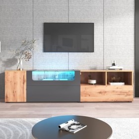 KecDuey Meuble TV bas de 190 cm avec lumières LED à changement de couleur et plateau en verre avec compartiments et portes - 