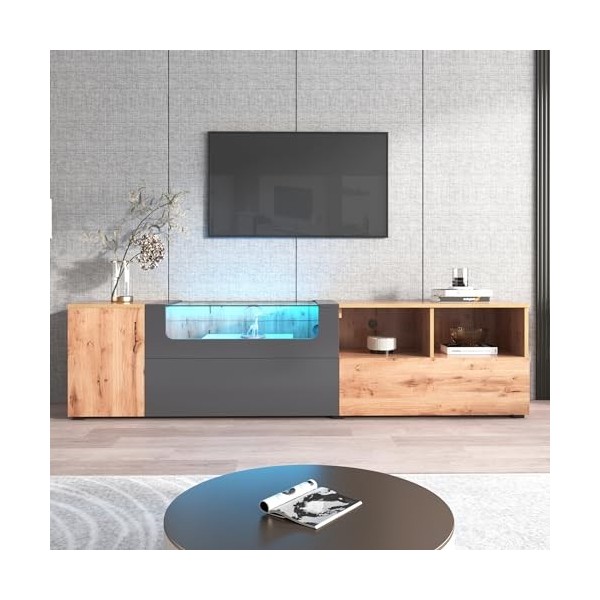 KecDuey Meuble TV bas de 190 cm avec lumières LED à changement de couleur et plateau en verre avec compartiments et portes - 